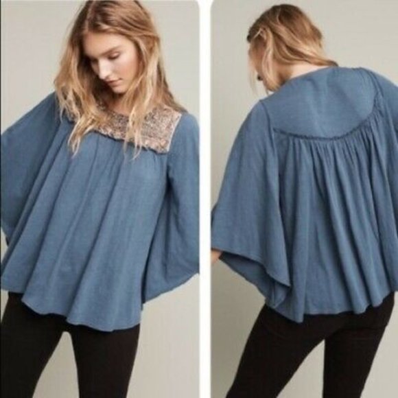 Anthropologie Tops - Anthropologie Deletta Josephine Blue Embellished Bat Wing Top